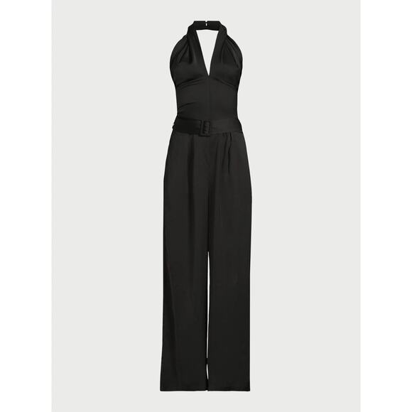 Scoop Womens Halter Satin Wrap Jumpsuit Wide Leg Sleeveless Black Size XS (0-2) - Picture 4 of 4